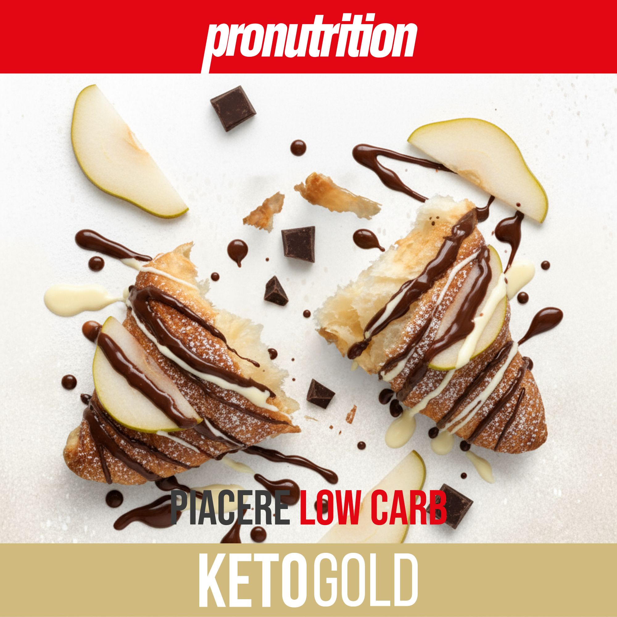 Pronutrition Cornetto Keto, diviso. Cioccolato, pera. Testo: Piacere Low Carb, Ketogold.