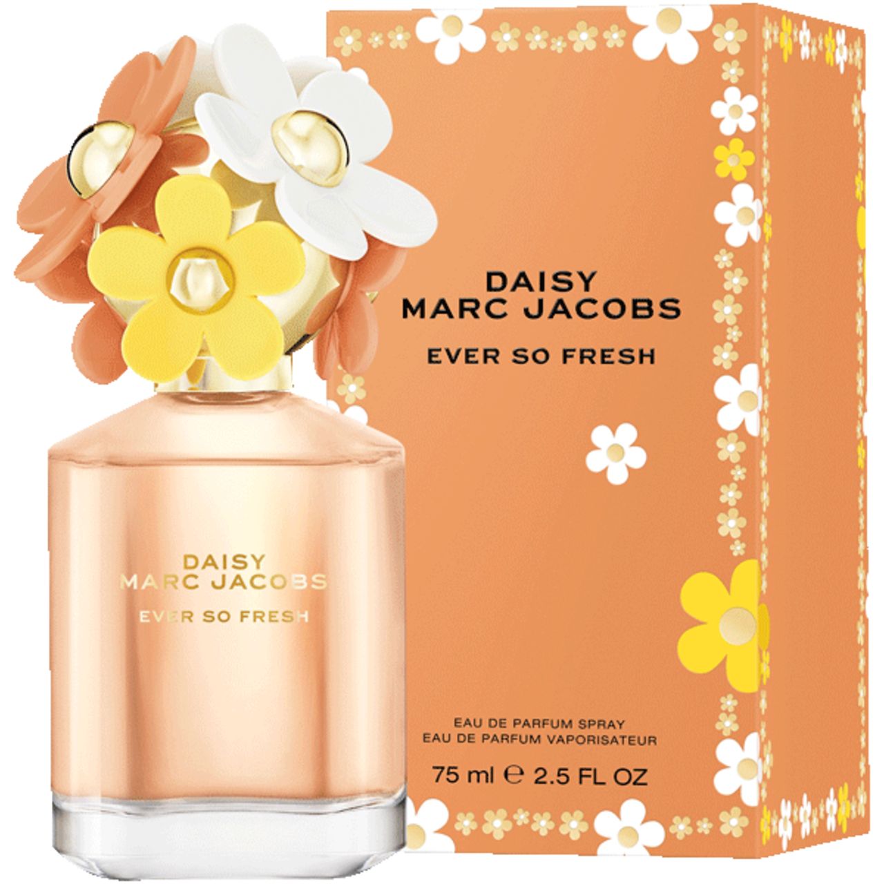 Flacone di profumo con tappo a fiore e confezione arancione. Scritta: Daisy Marc Jacobs Ever So Fresh.