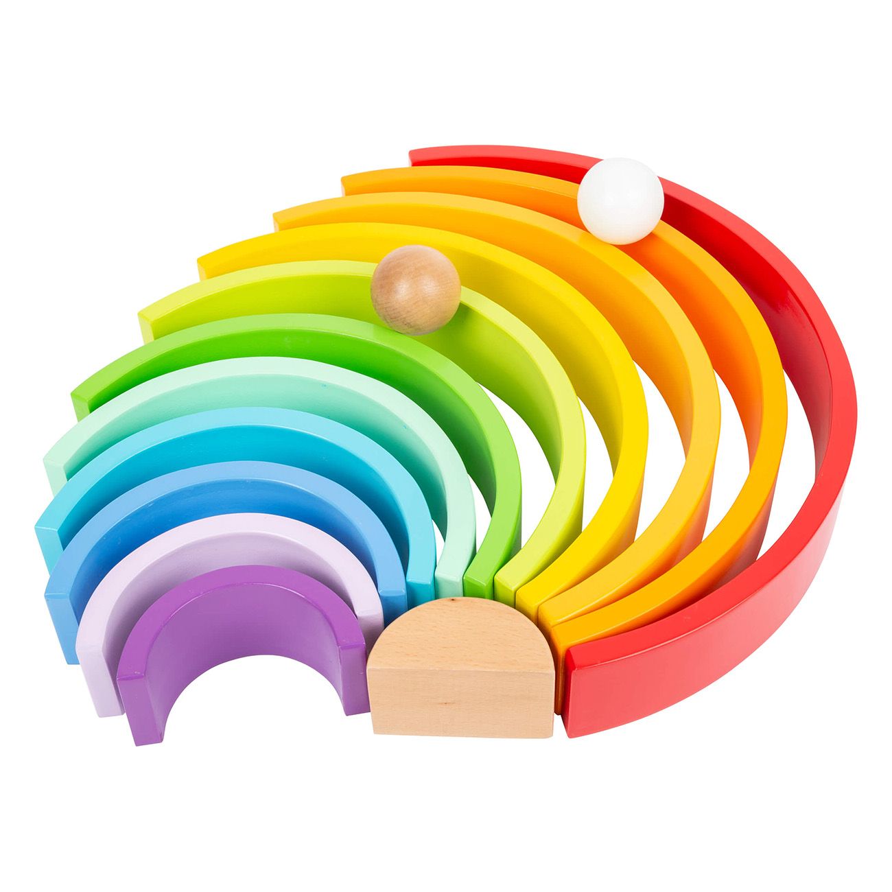 Blocchi di legno ad arco multicolore. Include due sfere. Blocchi di varie dimensioni e colori.