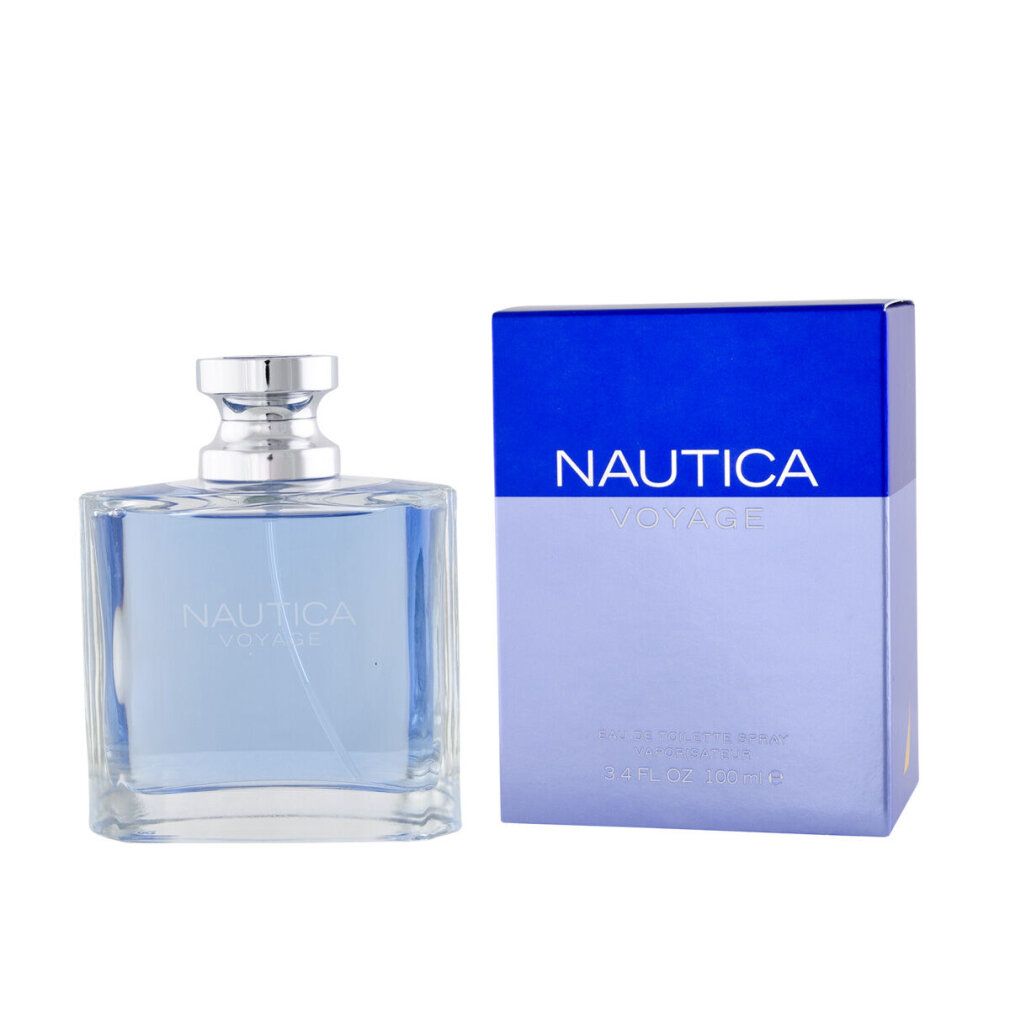 Flacone blu e scatola. Scritta: NAUTICA VOYAGE. Flacone con tappo argentato. Scatola con sfumatura di colore.
