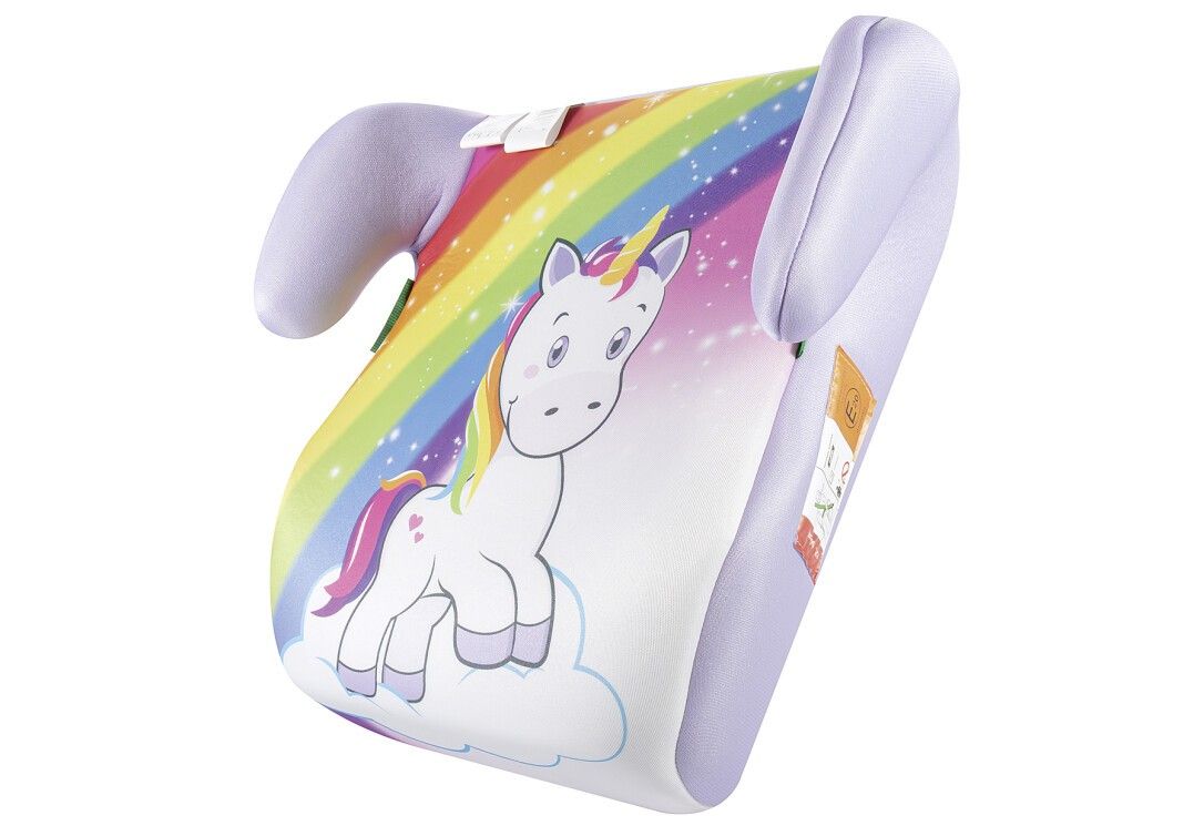 Seggiolino per bambini con motivo unicorno e arcobaleno. Poggiatesta laterali, bianco-viola. Stampa di un unicorno su una nuvola. Paw Patrol.