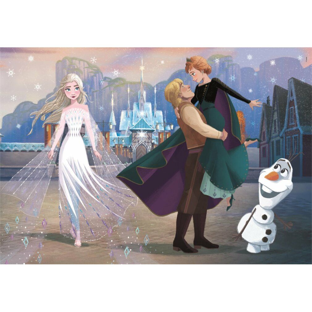 Puzzle Frozen. 24 maxi pezzi. Personaggi: Elsa, Anna, Kristoff e Olaf. Sfondo: castello e paesaggio innevato.