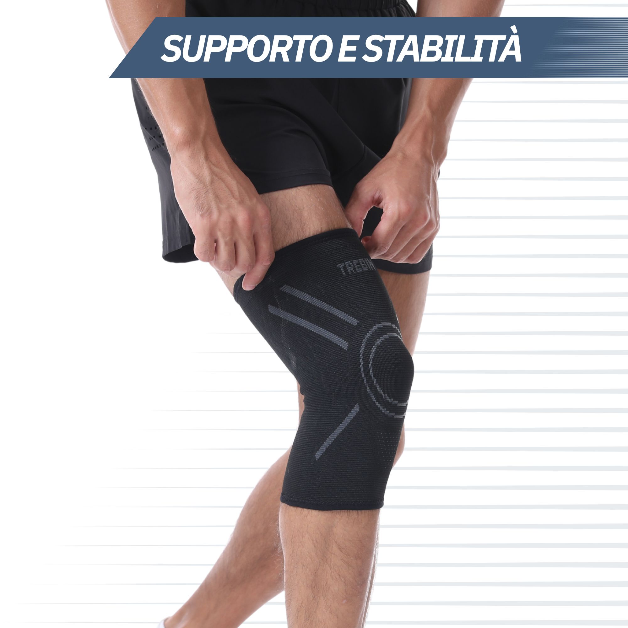 Uomo che indossa una ginocchiera nera con accenti grigi.