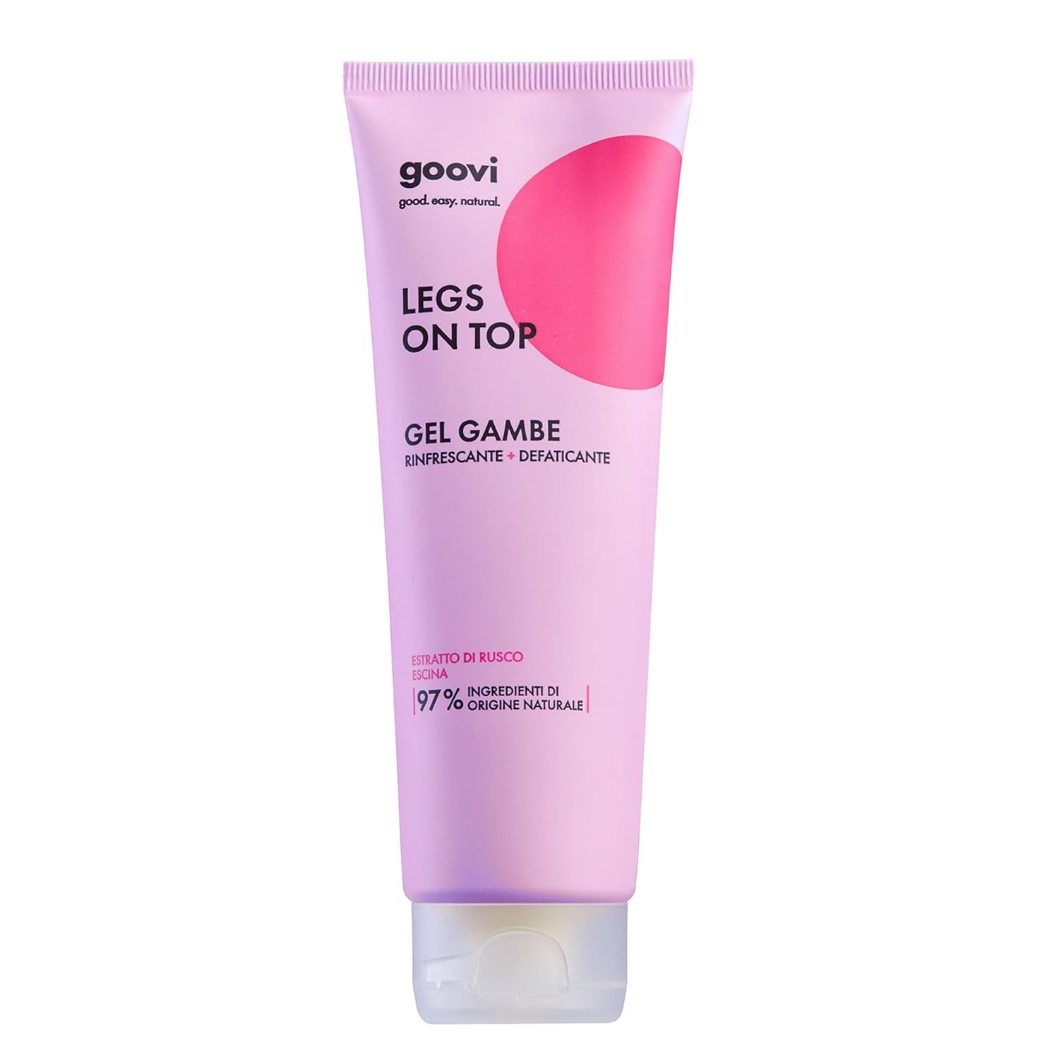 Tubo rosa GOOVI Legs On Top Gel. Testo: Gel Gambe, 97% ingredienti naturali. Tappo bianco.