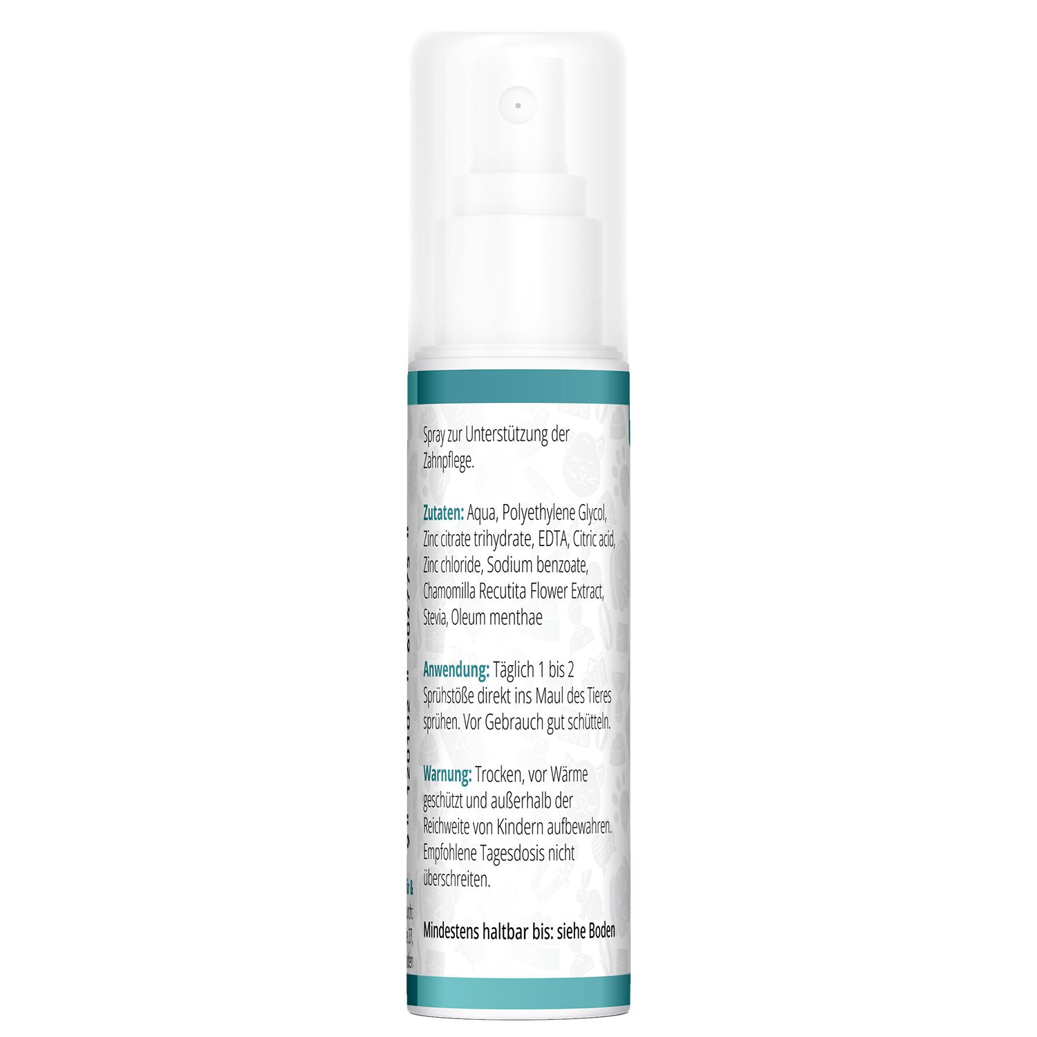 Retro di una bottiglia spray con ingredienti e istruzioni per l'uso per la cura degli animali.