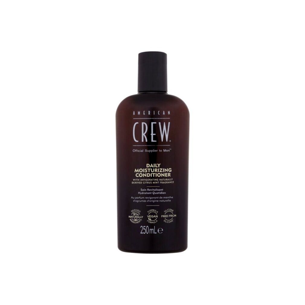 Flacone marrone con tappo nero. Scritta: American Crew, Daily Moisturizing Conditioner. 250ml/8.4 fl.oz.