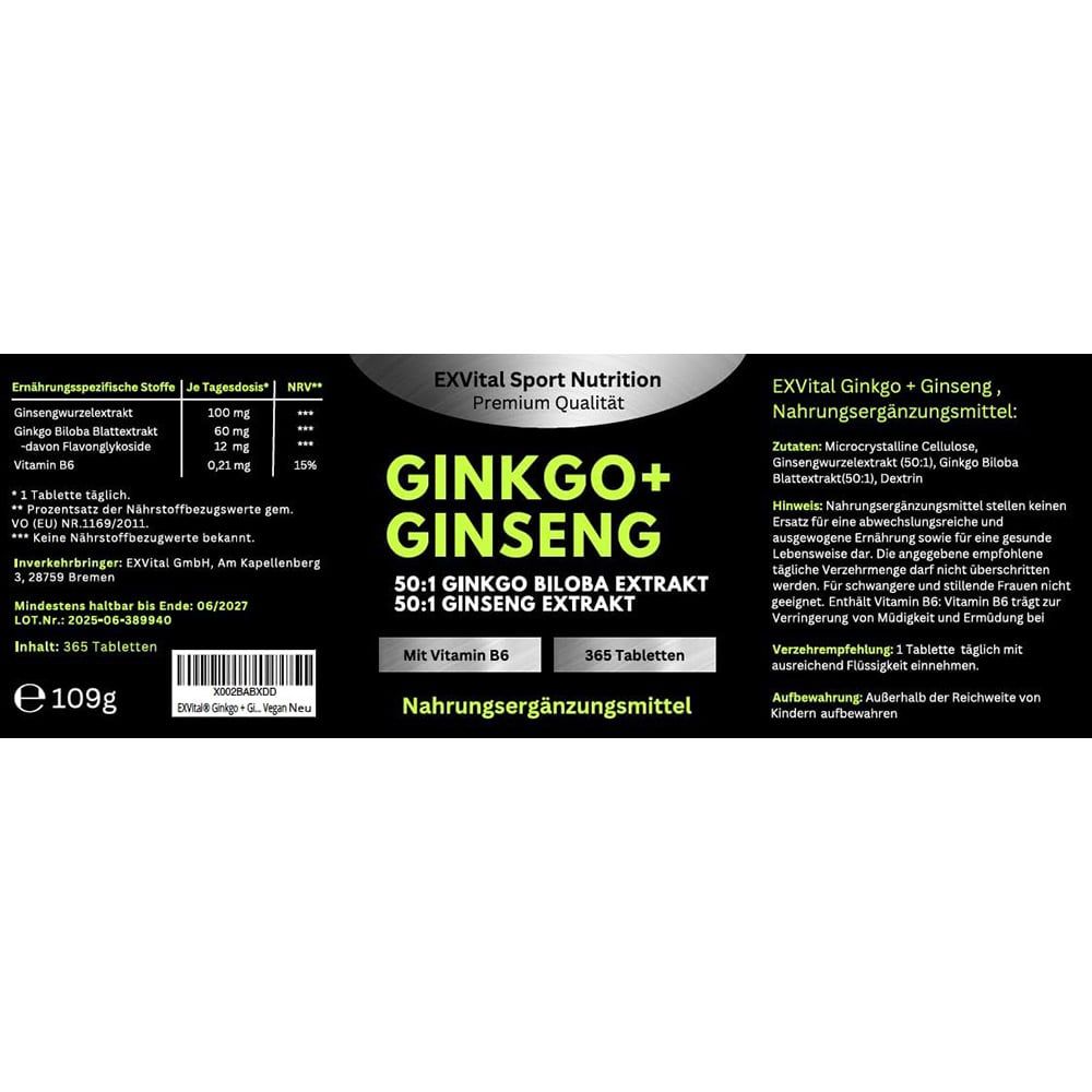 Etichetta del prodotto con informazioni su EXVital Ginkgo + Ginseng. Contiene informazioni nutrizionali, ingredienti e istruzioni per l'uso.