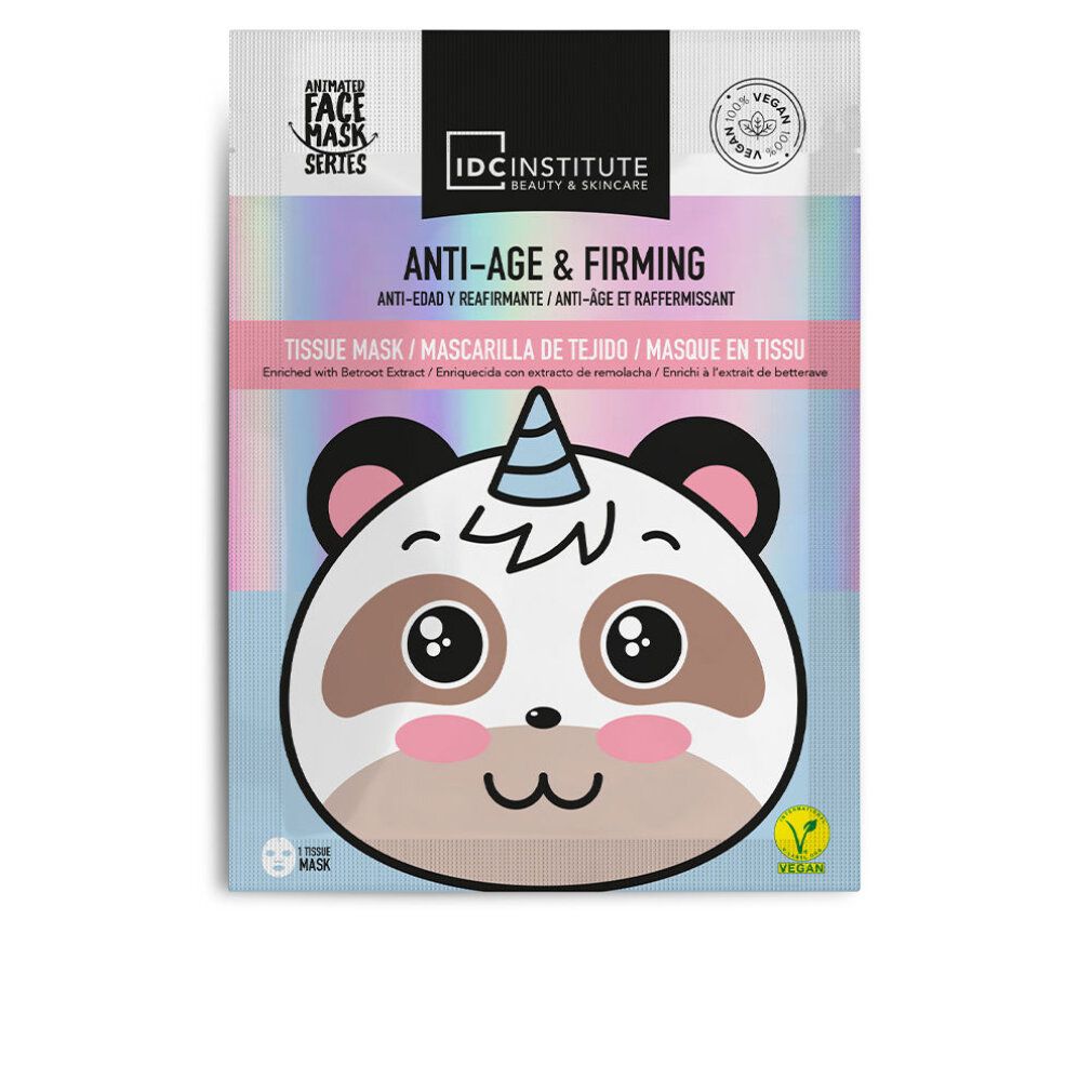 Maschera viso Panda. Confezione con scritta 'IDC INSTITUTE'. Scritta 'Anti-Age & Firming'. Sigillo vegano.