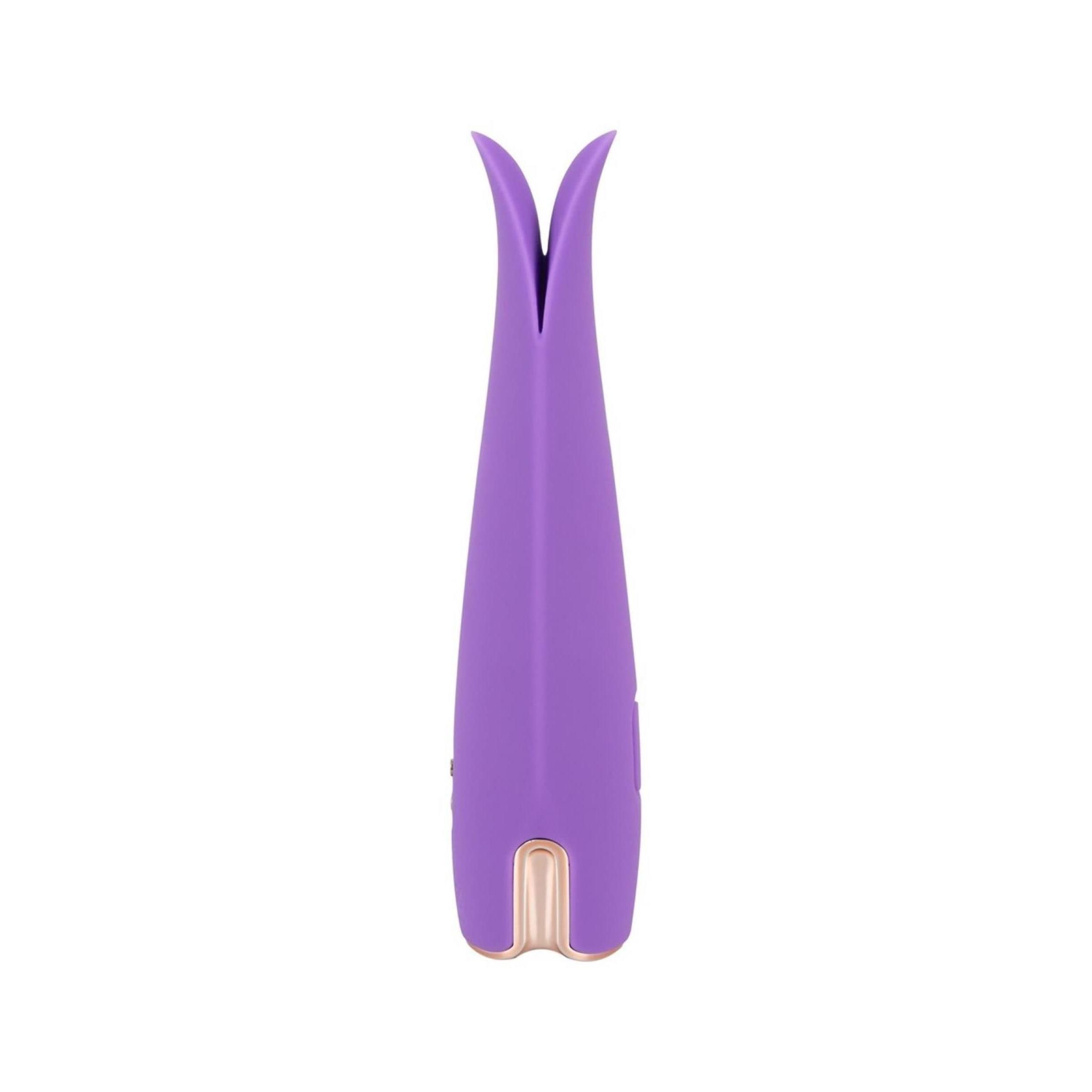 Stimolatore viola con dettagli dorati. Forma a due petali. Pulsante e base dorata.