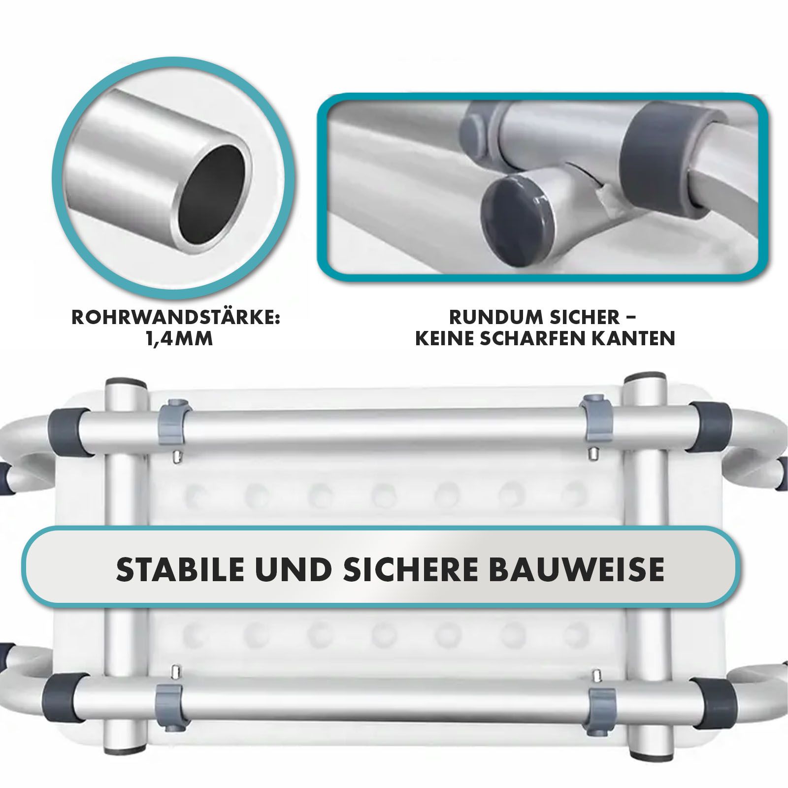Sedile vasca, costruzione stabile. Spessore parete tubo 1,4 mm. Nessun bordo tagliente.