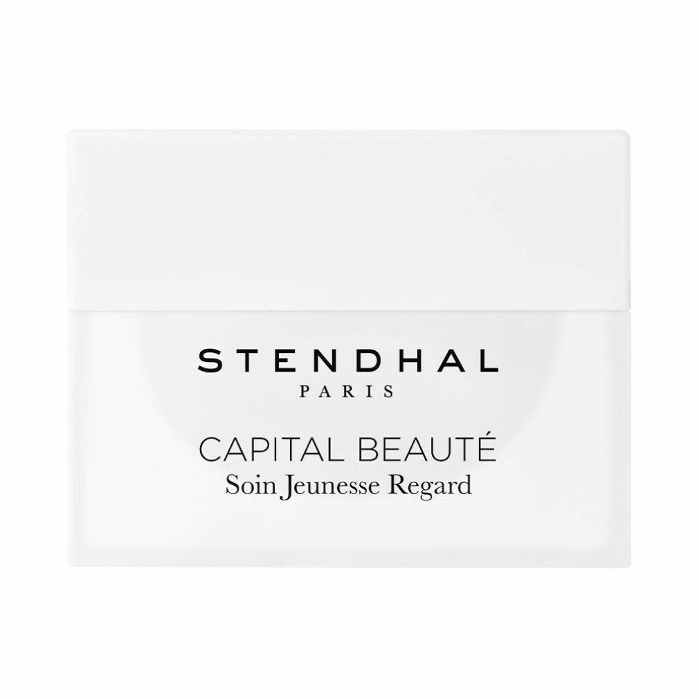 Vasetto bianco con coperchio. Scritta: STENDHAL PARIS, CAPITAL BEAUTÉ Soin Jeunesse Regard.