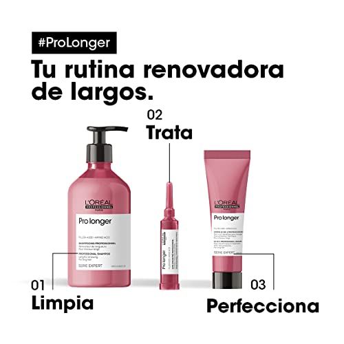 Tre prodotti: shampoo, fiala, crema. Testo: La tua routine rinnovatrice per capelli lunghi. 01 Pulisci, 02 Tratta, 03 Perfeziona.