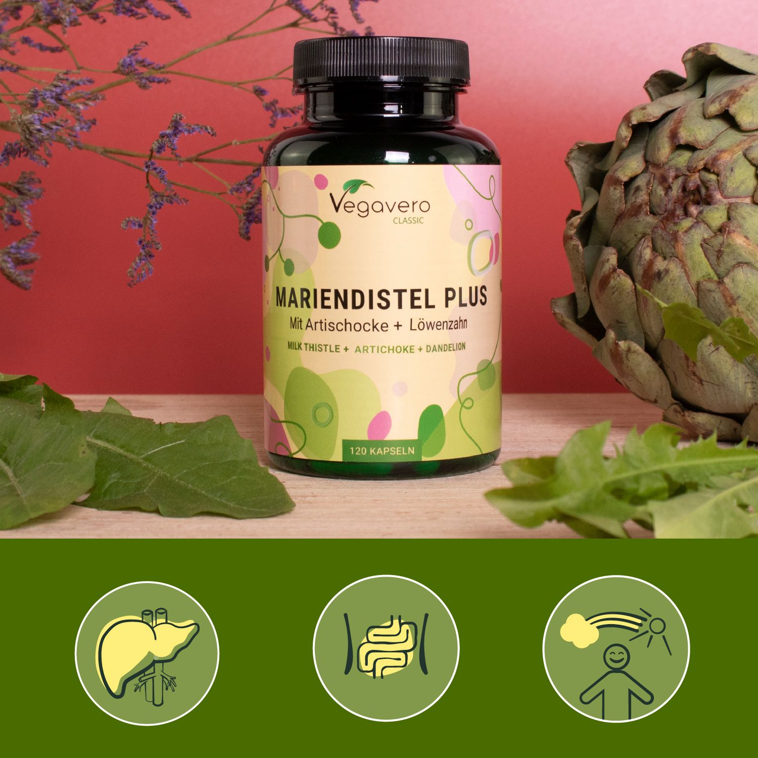 Flacone verde con capsule, circondato da foglie e carciofi. Scritta: Mariendistel Plus, 120 capsule.