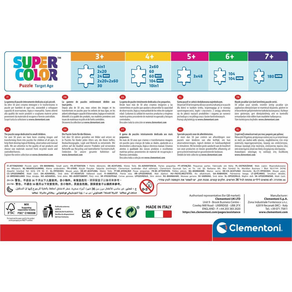 Retro della scatola del puzzle. Informazioni sulle dimensioni dei puzzle, consigli sull'età, certificazioni e produttore. Marchio: Clementoni.