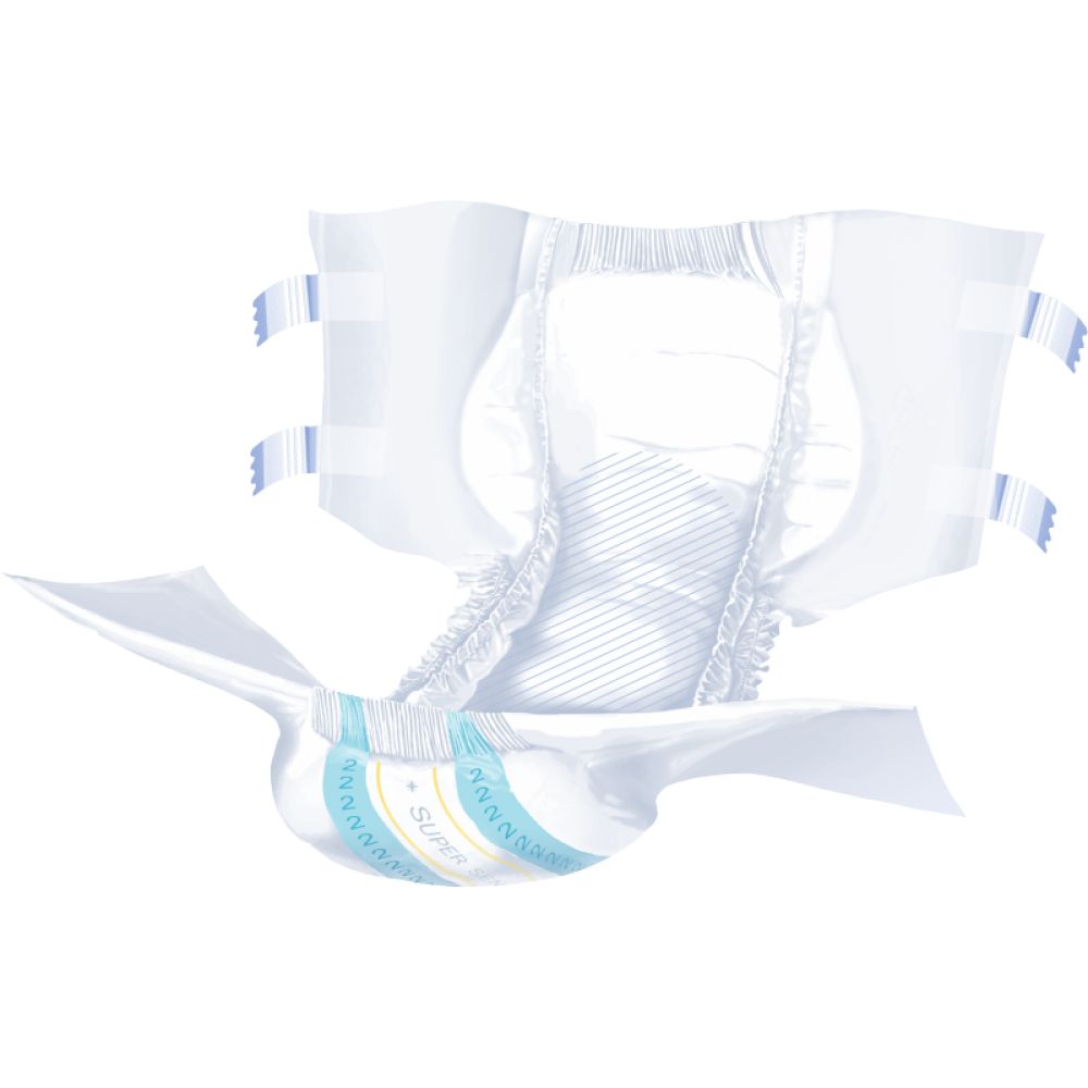 Super Seni aperta. Bianca, con chiusure blu e dettagli blu. Interno visibile.