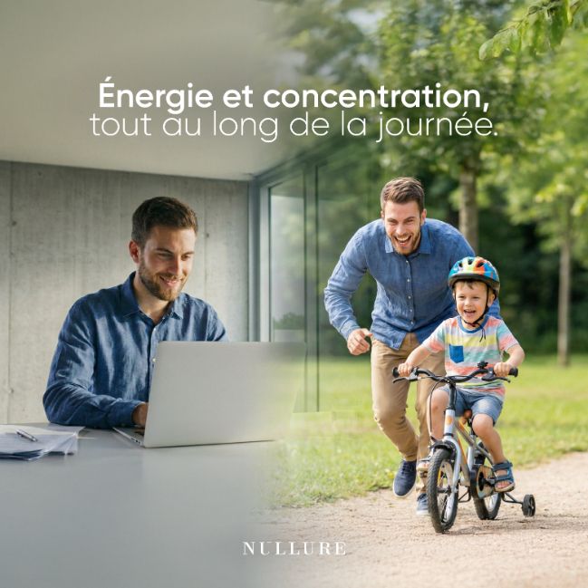 Uomo al computer, padre e figlio in bicicletta. "Energia e concentrazione per tutta la giornata."
