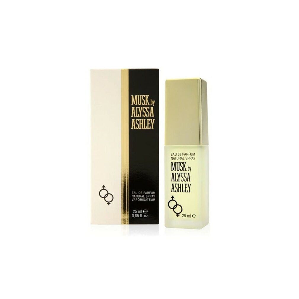 Alyssa Ashley Musk Eau de Parfum Spray, 25 ml, con confezione. Flacone e scatola con logo e simbolo.