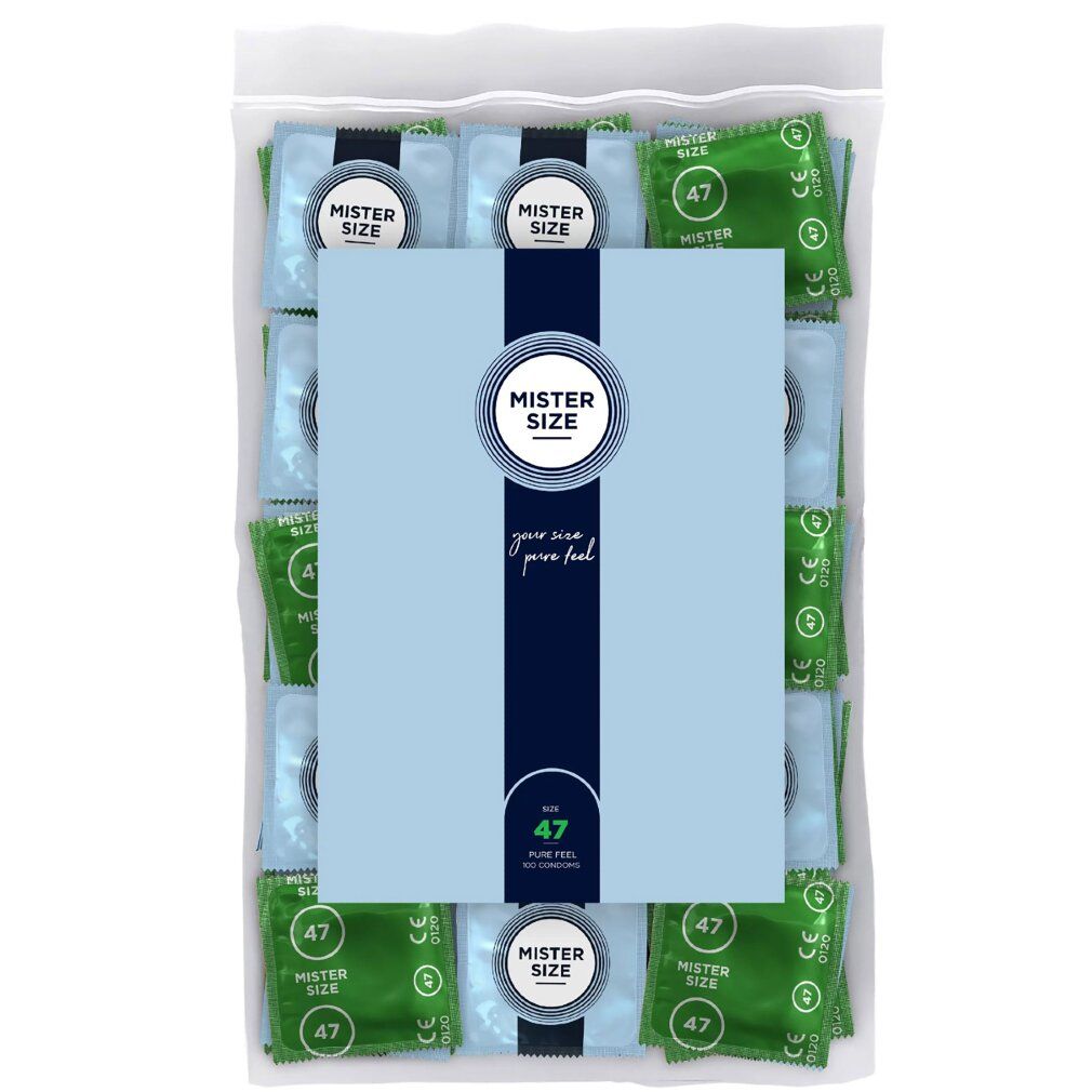 Confezione di preservativi. Preservativi singoli verdi e blu. Scritta: Mister Size 47.