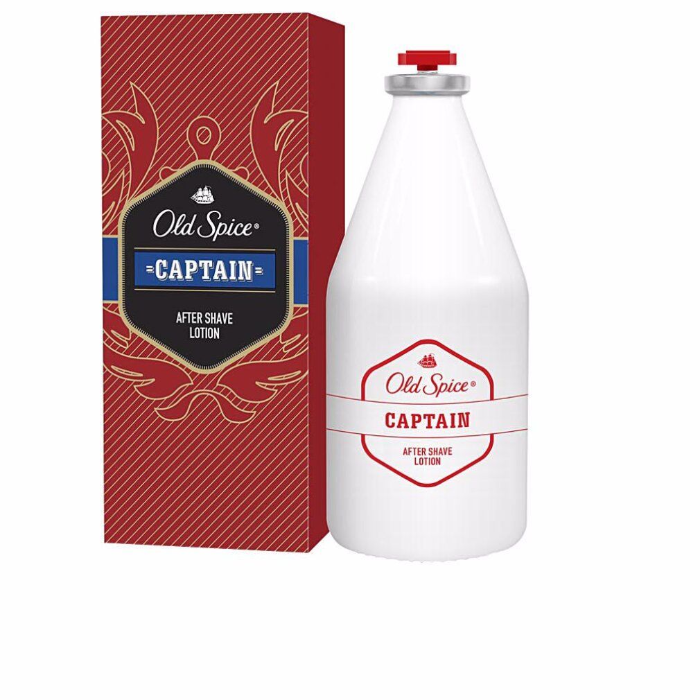 Flacone bianco e confezione rossa. Scritta: Old Spice Captain After Shave Lotion.