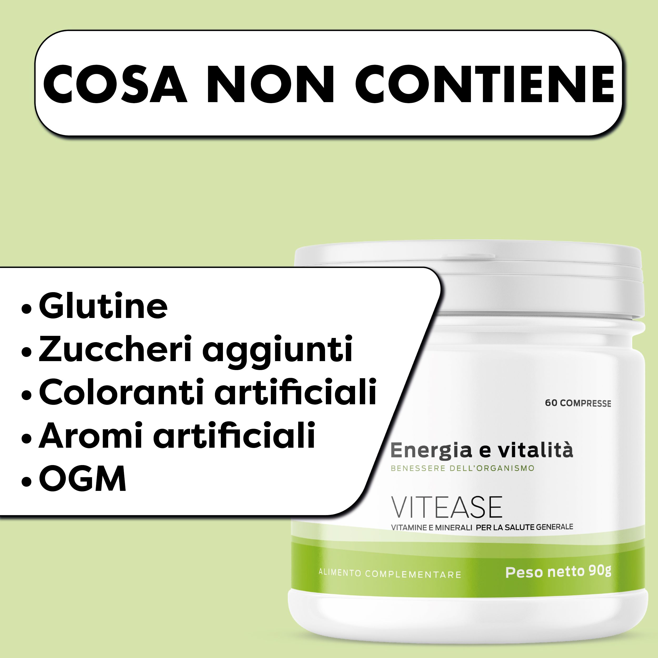 Barattolo bianco con etichetta verde. Testo: VITEASE, Energia e vitalità. Non contiene: glutine, zuccheri aggiunti, coloranti artificiali, aromi, OGM.