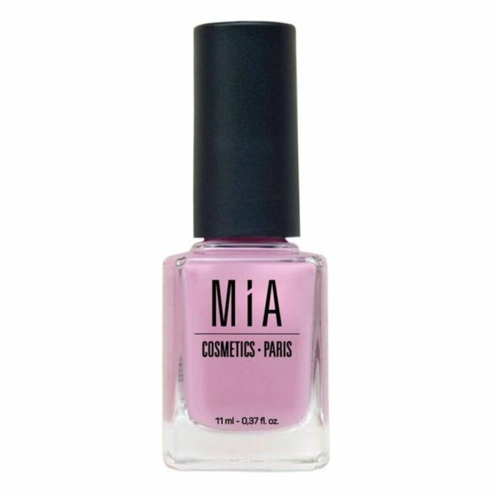 Flacone di smalto rosa. Tappo nero. Marchio: MiA Cosmetics - Paris. Volume: 11 ml.