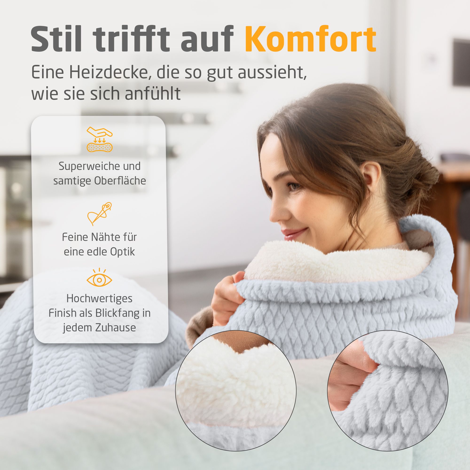 Donna con coperta termica. Superficie ultra-morbida. Cuciture fini. Finitura di alta qualità. Dettagli della coperta.