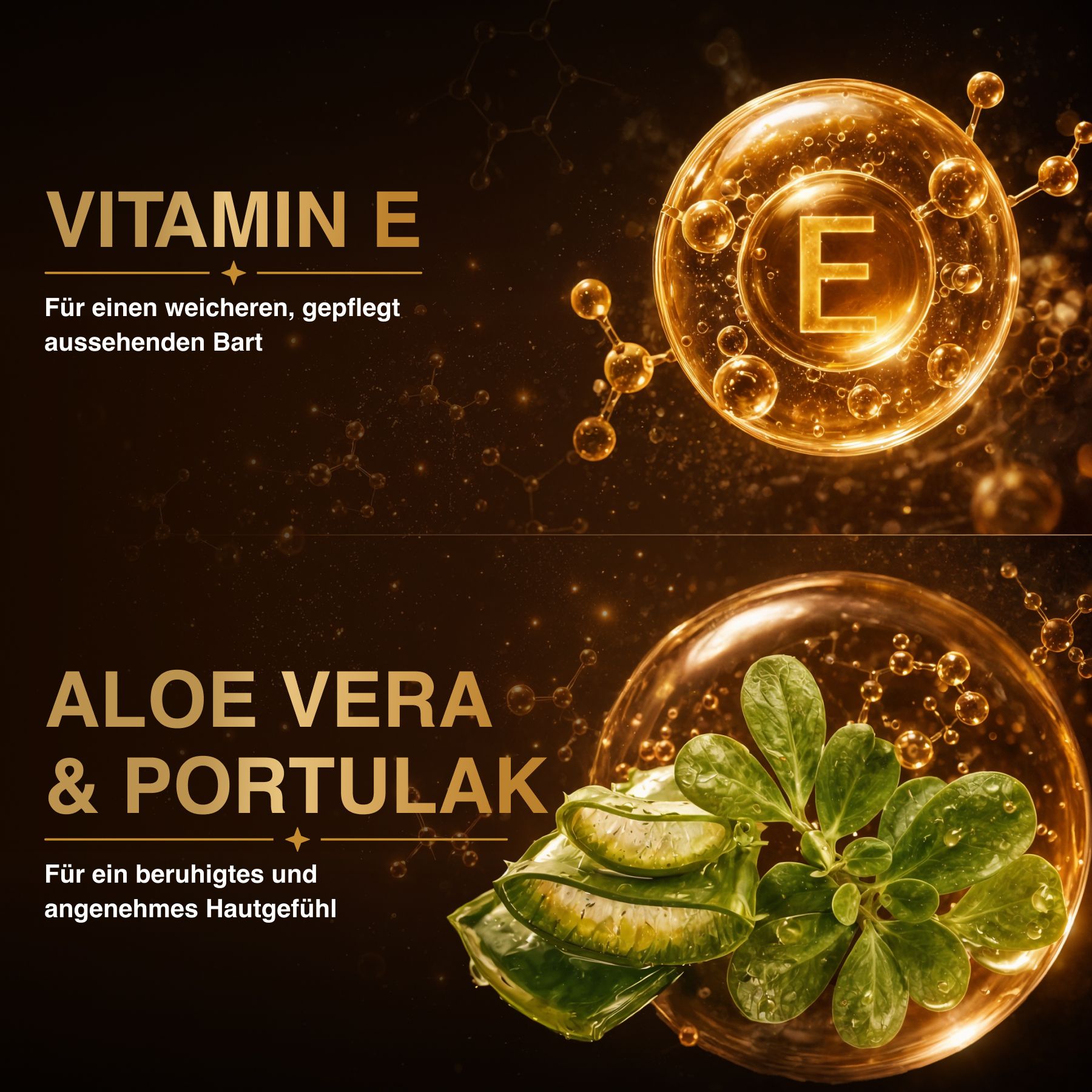 Grafica con Vitamina E in una bolla, circondata da strutture molecolari.