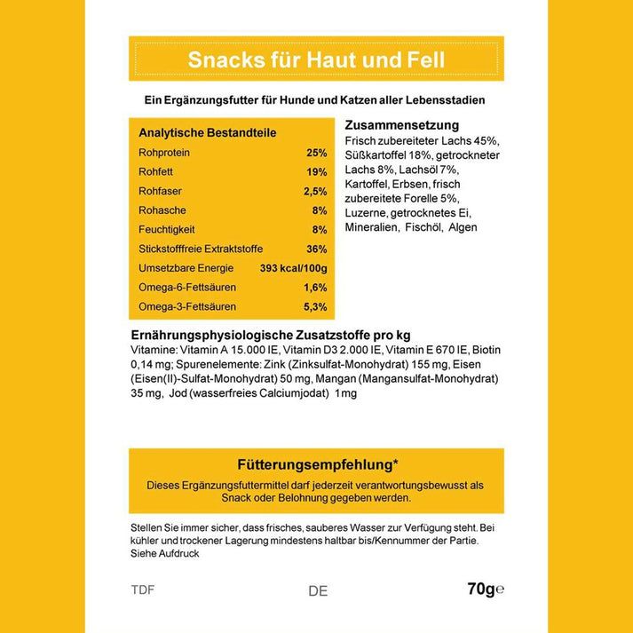 Informazioni nutrizionali per snack per pelle e pelo. Composizione, componenti analitici e raccomandazioni per l'alimentazione.