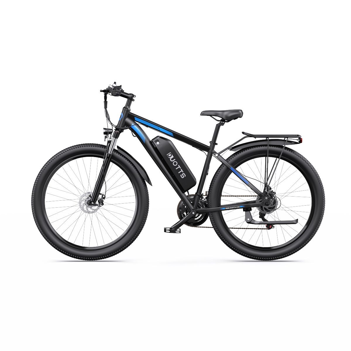 E-MTB nero con dettagli blu. Logo DUOTTS sul telaio. Freni a disco, parafanghi.