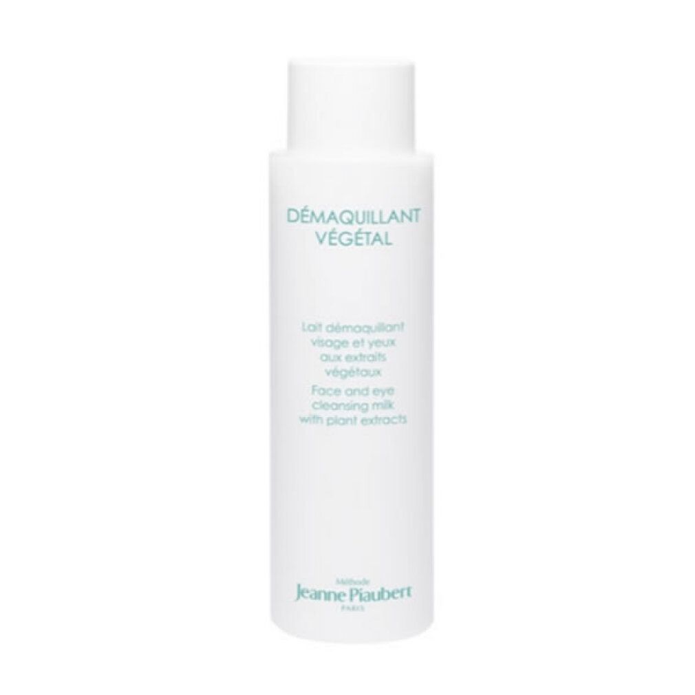 Flacone bianco di latte detergente viso e occhi con estratti vegetali.