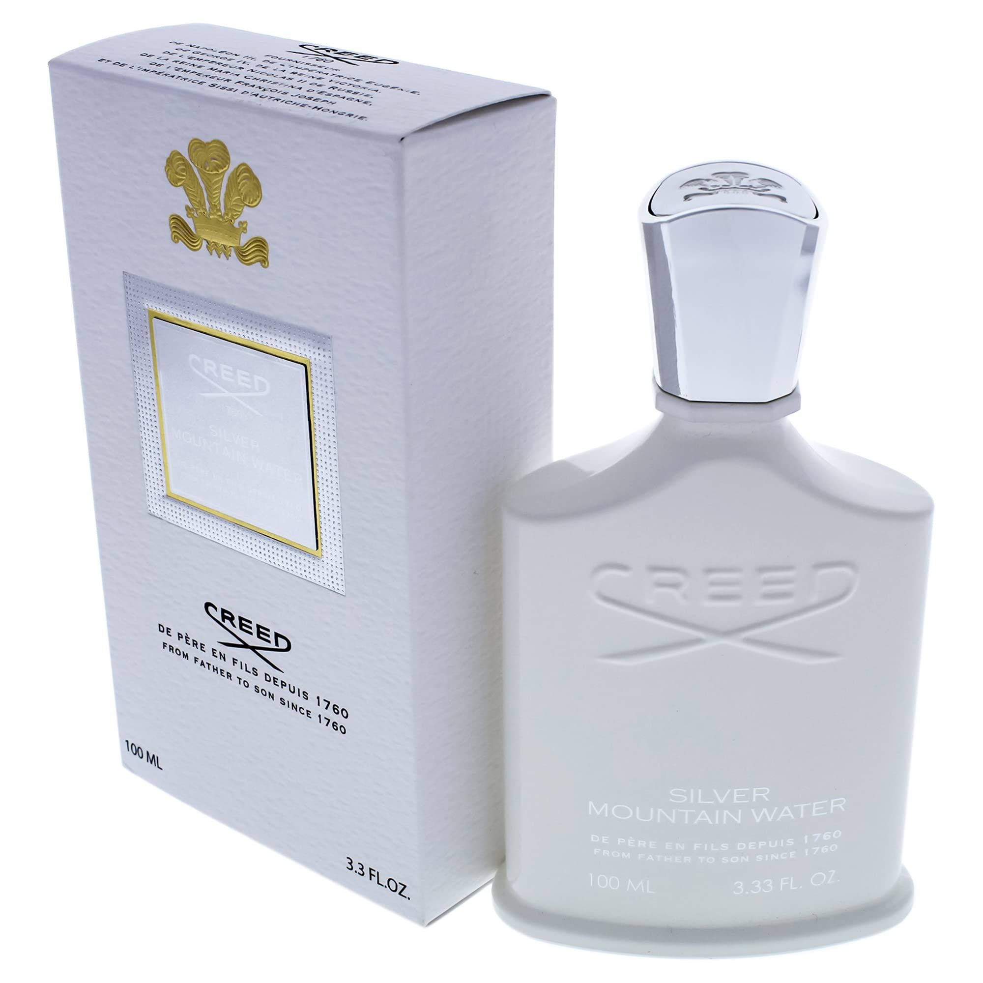 Flacone e confezione bianchi. Scritta: Creed Silver Mountain Water. Flacone con tappo argentato.