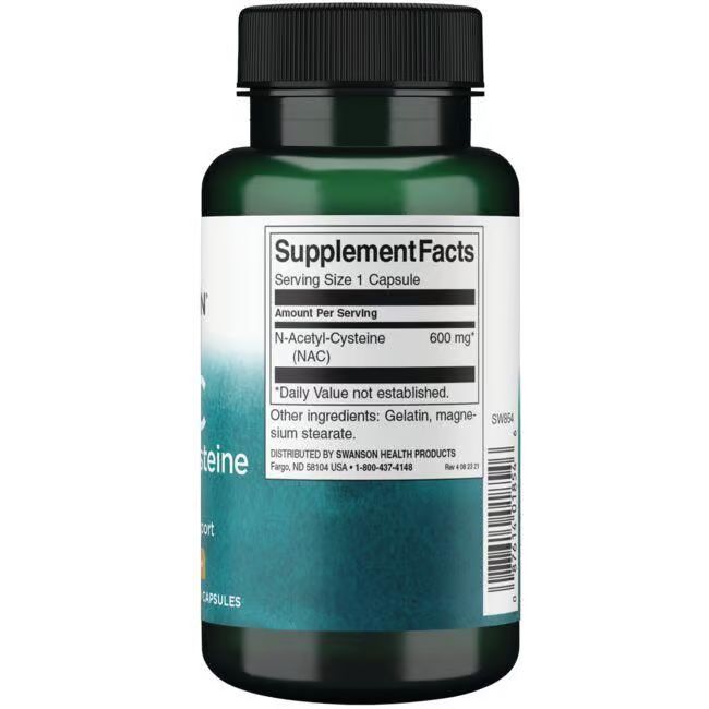 Retro di flacone verde. Scritta: Supplement Facts, N-Acetil Cisteina (NAC) 600 mg, ingredienti, Swanson Health Products.