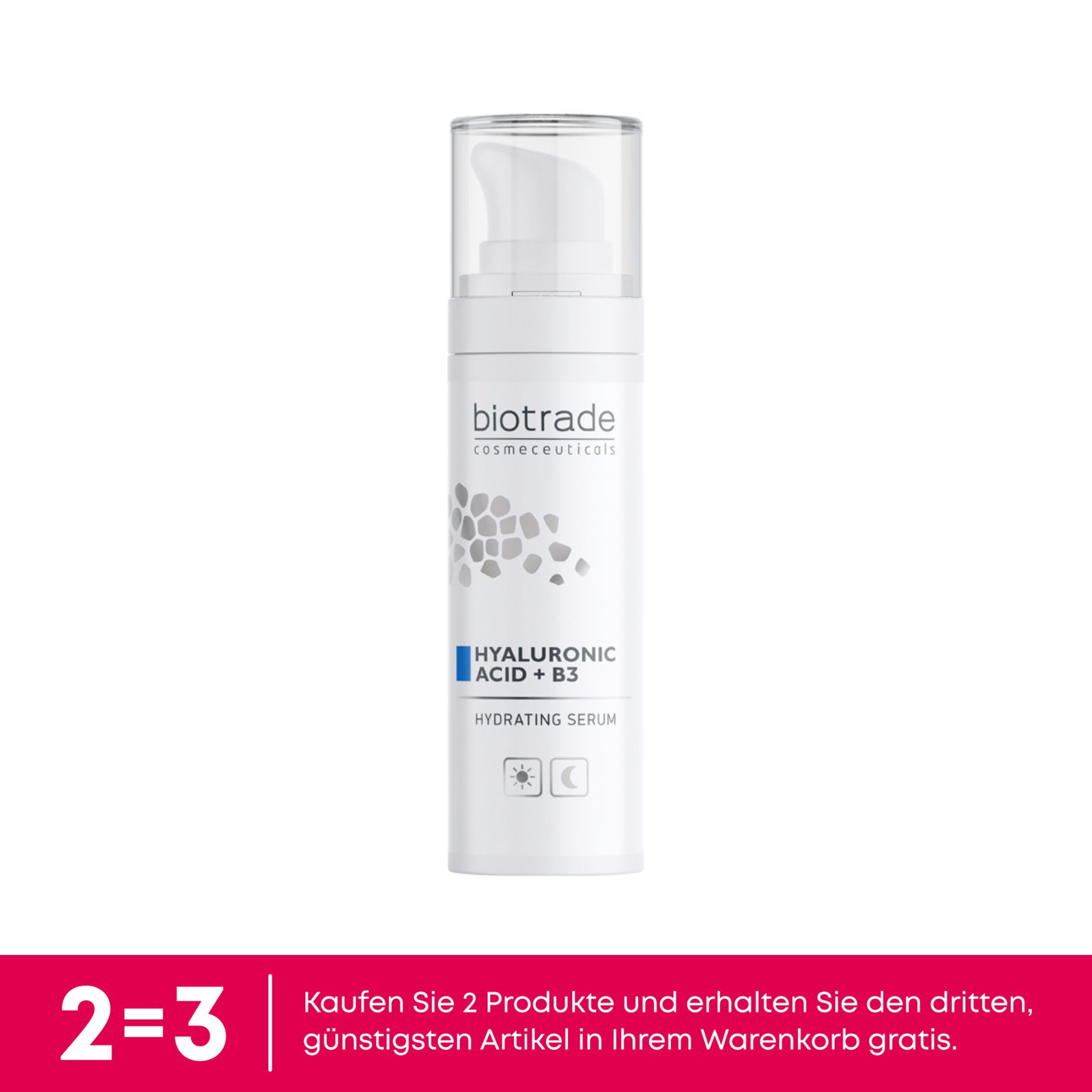 Siero bianco con pompa. Testo: Acido Ialuronico + B3, Hydrating Serum. Offerta: Acquista 2, ottieni 1 gratis.