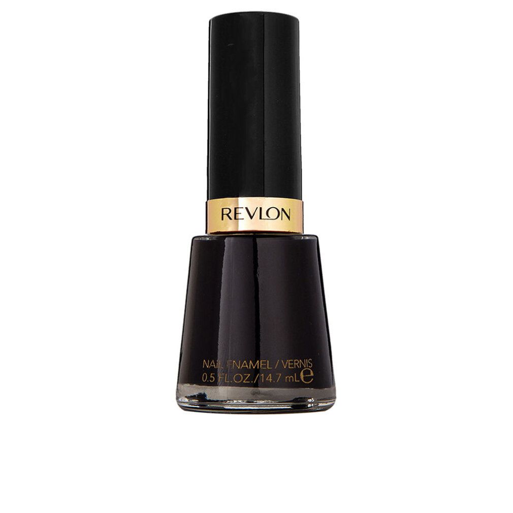 Flacone di smalto nero. Tappo nero, anello dorato con scritta "REVLON". Flacone in vetro trasparente. Testo: "Nail Enamel/Vernis".