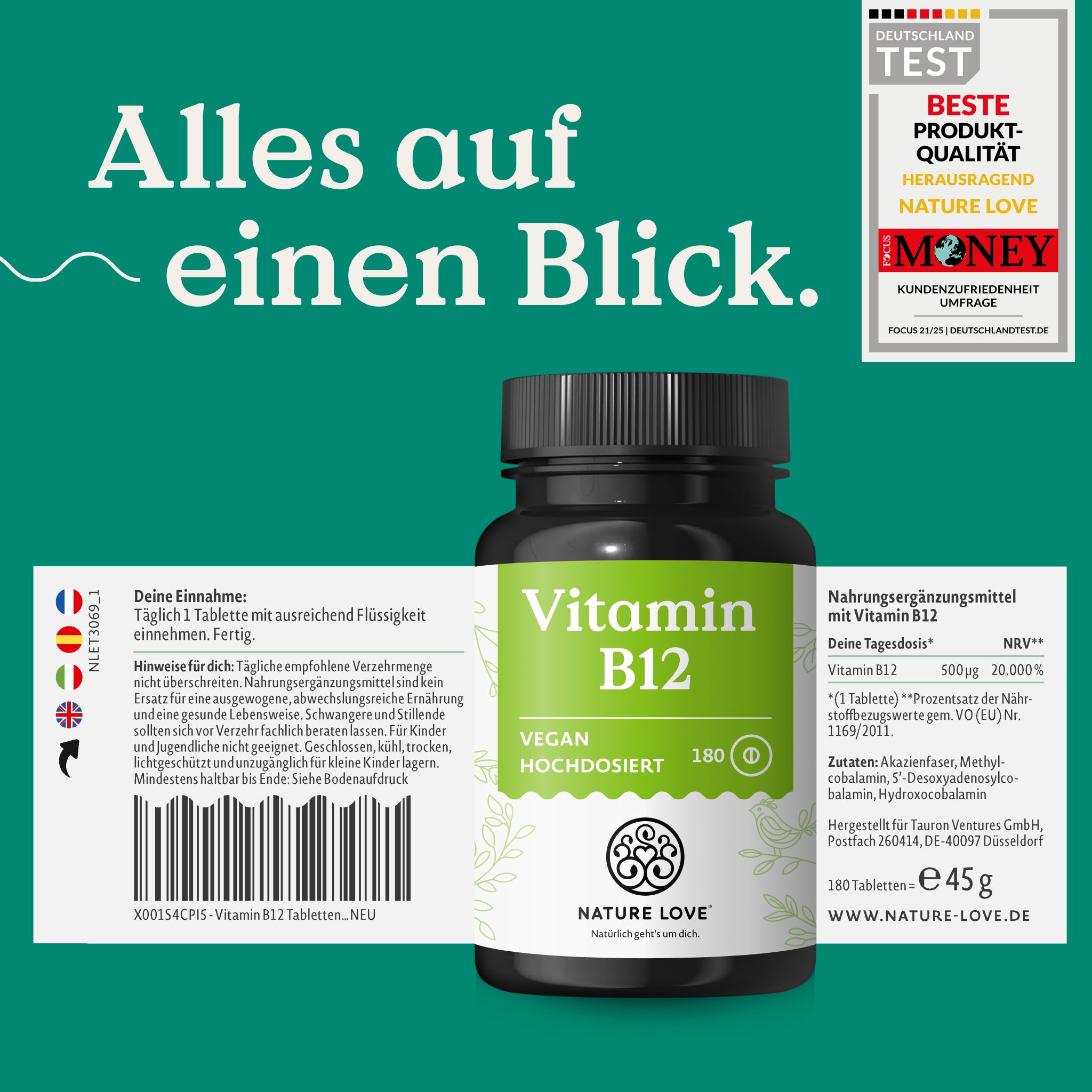 NATURE LOVE Vitamina B12: 180 compresse, 45g. 1 compressa al giorno. 500 µg di vitamina B12 per dose giornaliera.