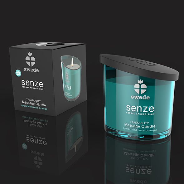 Candela da massaggio e confezione. Scritta: swede, senze, Tranquility Massage Candle, Spearmint Rose Orange.