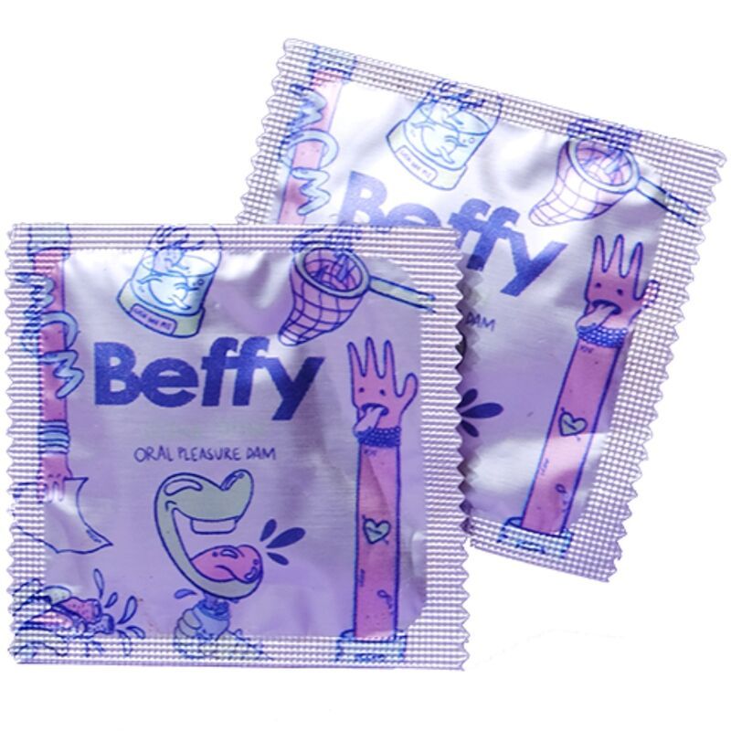 Due confezioni singole di Beffy Oral Pleasure Dams. Imballaggio con illustrazioni e testo.