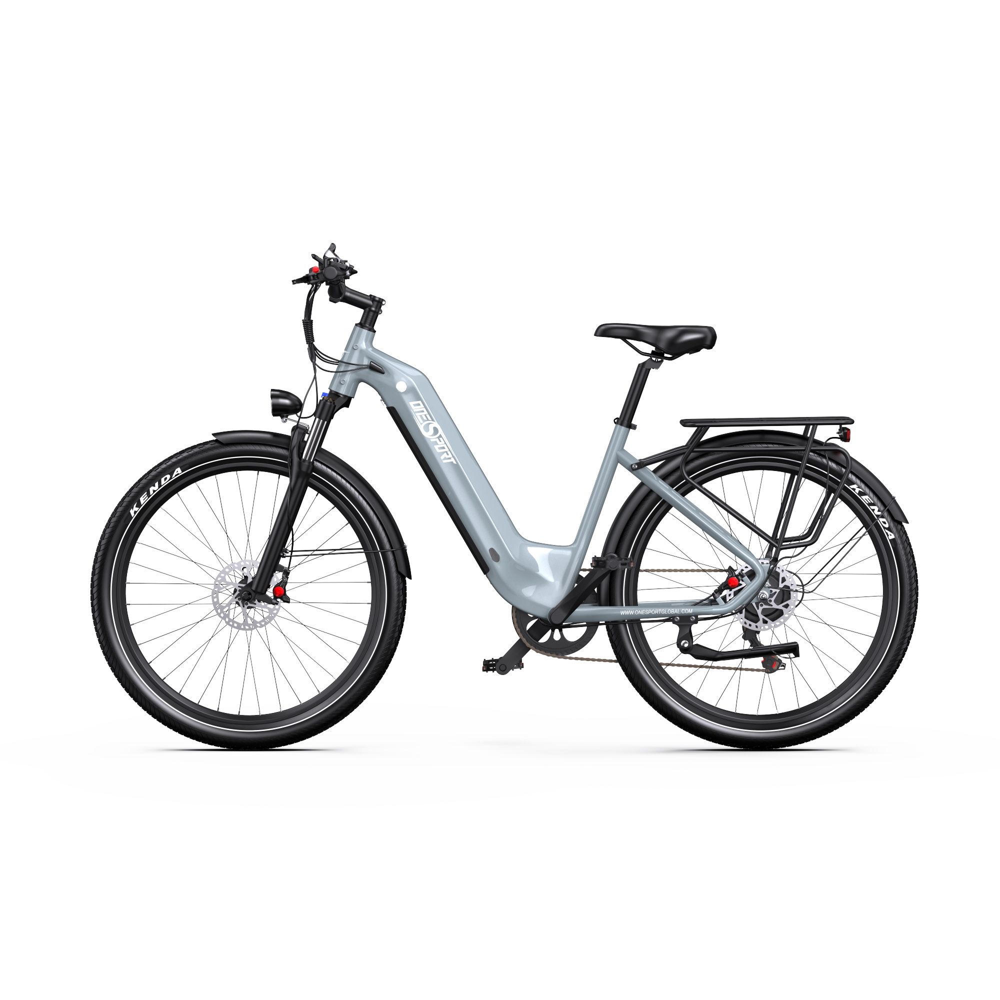 E-bike grigia, vista laterale. Pneumatici, sella e portapacchi neri. Marchio ONESPORT.