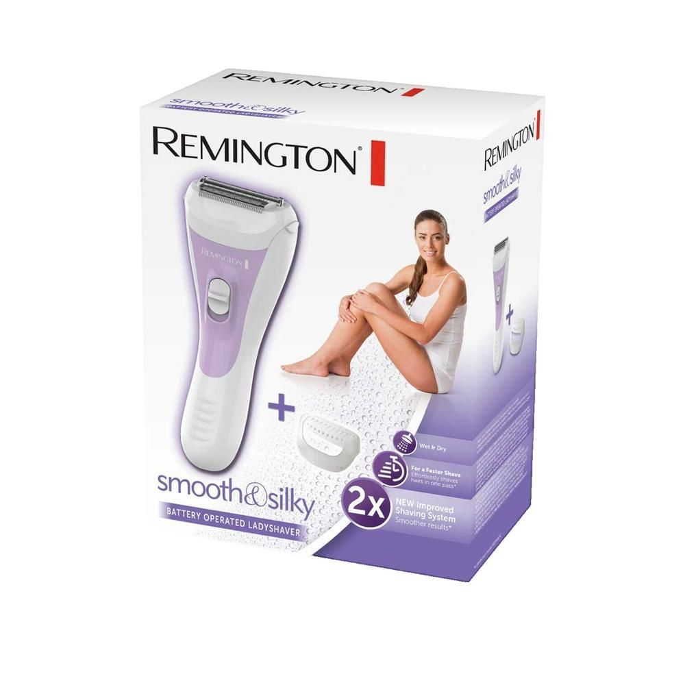 Confezione con rasoio da donna. Dispositivo lilla e bianco, accessori e donna. Marchio Remington, scritta "smooth & silky".