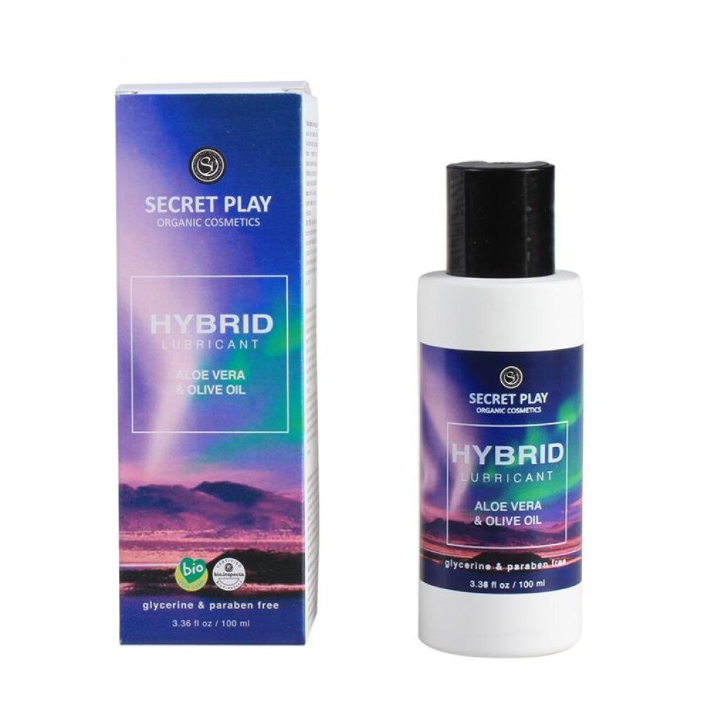 Flacone e tubetto di lubrificante Secret Play "Organic hybrid". Con Aloe Vera & Olio d'Oliva. Senza glicerina e parabeni.