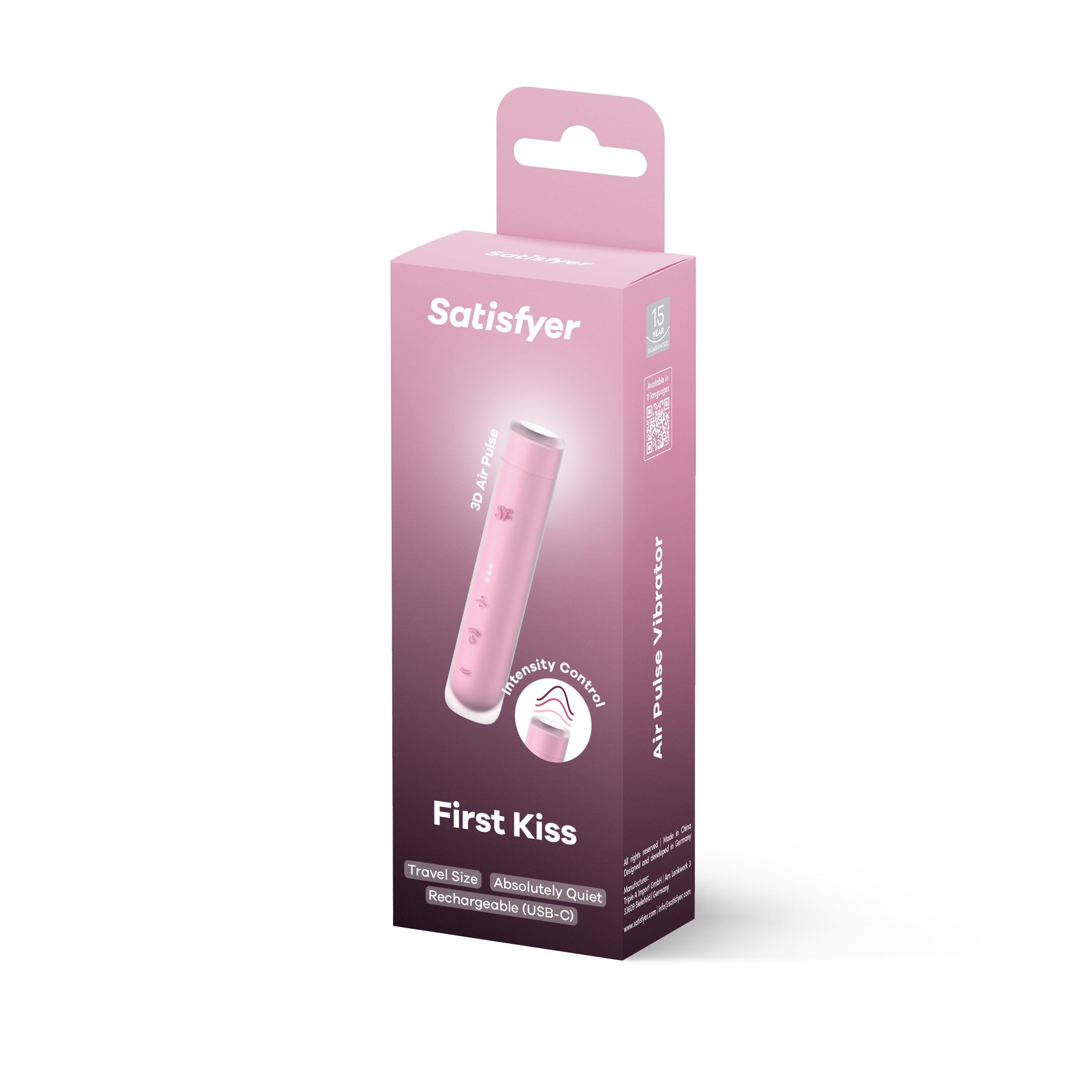 Confezione rosa con immagine del prodotto. Marchio: Satisfyer. Nome prodotto: First Kiss. Testo: Air Pulse Vibrator.