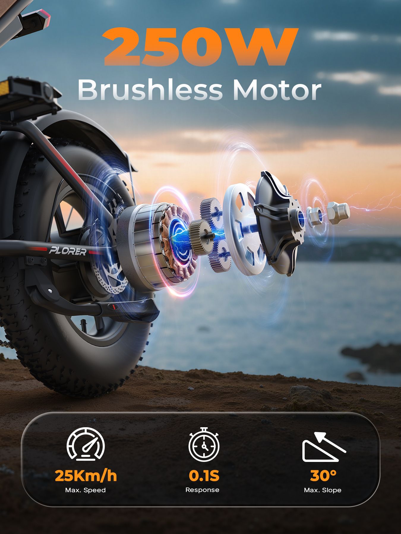 Esploso della ruota posteriore di una e-bike. Motore brushless da 250W. 25Km/h Max. Velocità, 0.1S Risposta, 30° Max. Pendenza.