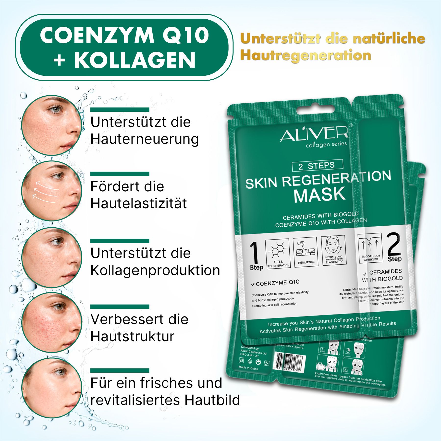 ALIVER Sistema di maschere viso anti-età in 2 fasi con collagene e coenzima Q10
