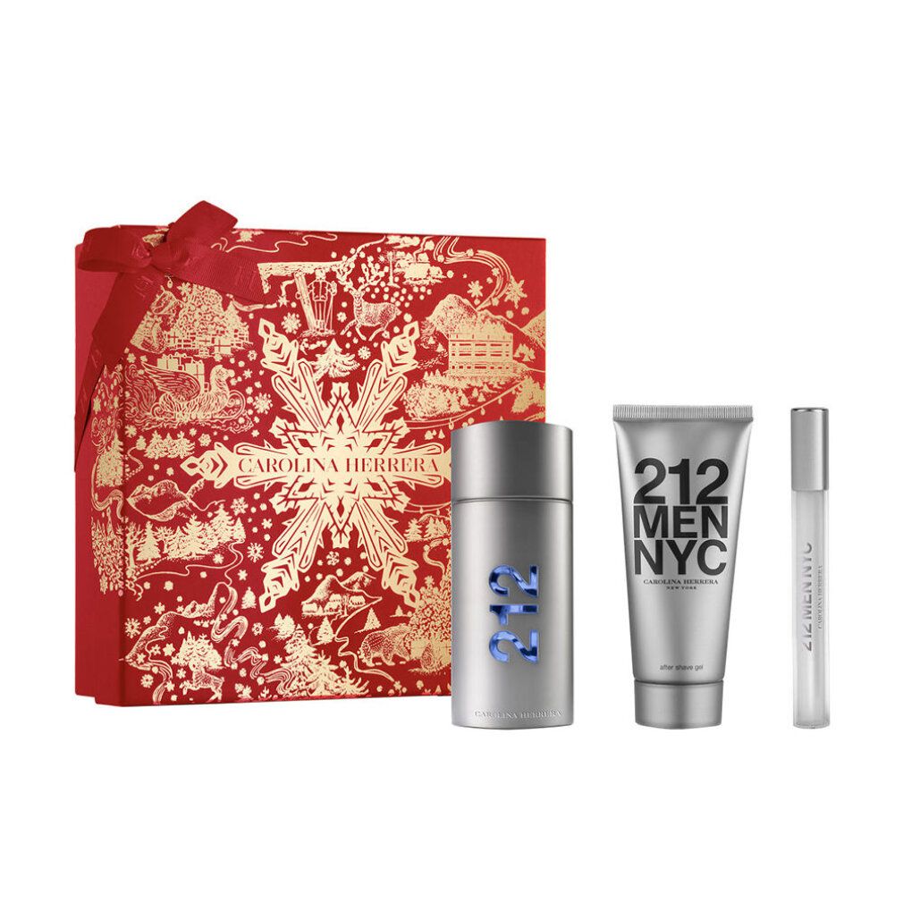 Set regalo con scatola rossa, spray profumo, deodorante, gel doccia e roll-on. Scritta: 212 MEN NYC.