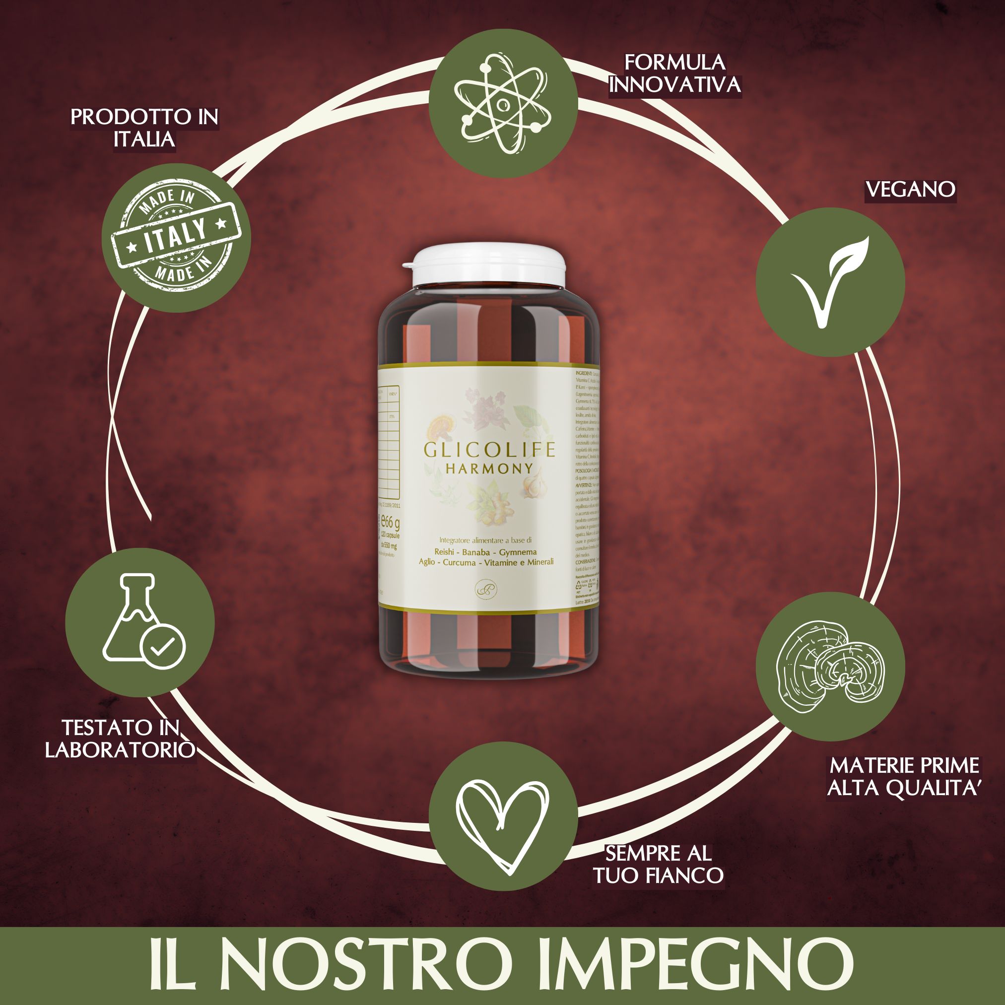 Flacone del prodotto con loghi: Made in Italy, Vegano, Testato in laboratorio, Materie prime di alta qualità. Testo: Il nostro impegno.