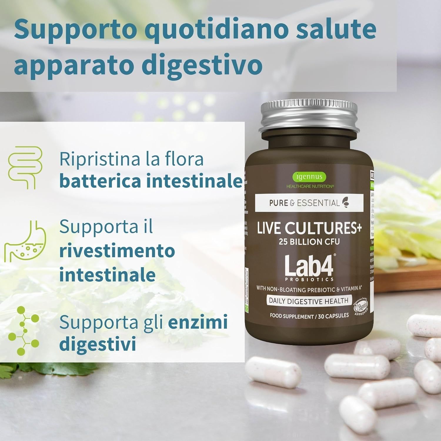 Capsule Igennus Probiotici: 25 miliardi di colture batteriche, salute digestiva quotidiana.