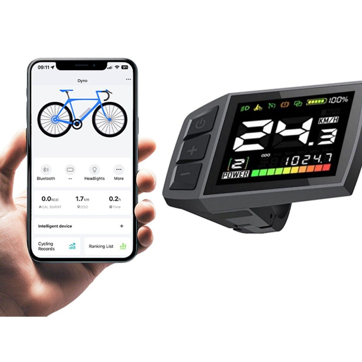 Smartphone con app per bici e display della bici. Mostra velocità, potenza e altri dati.