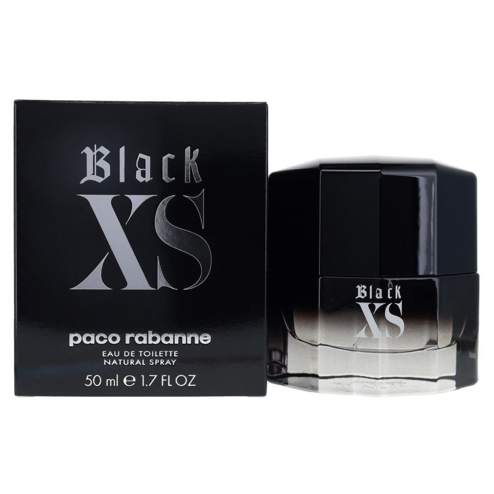 Flacone e scatola neri. Scritta "Black XS" e "paco rabanne". Flacone con vaporizzatore. 50 ml.