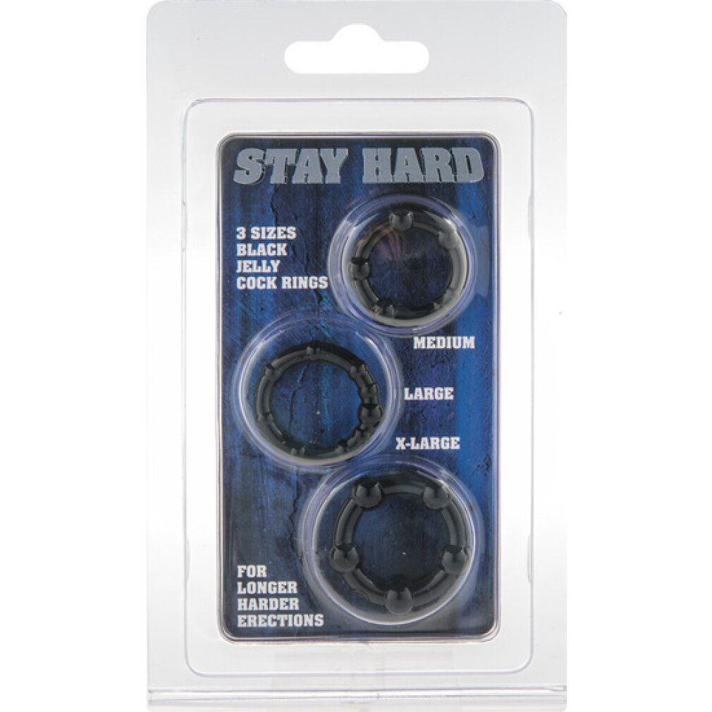 Confezione con tre anelli per il pene neri di diverse dimensioni. Testo: STAY HARD, 3 taglie, Jelly Cock Rings.
