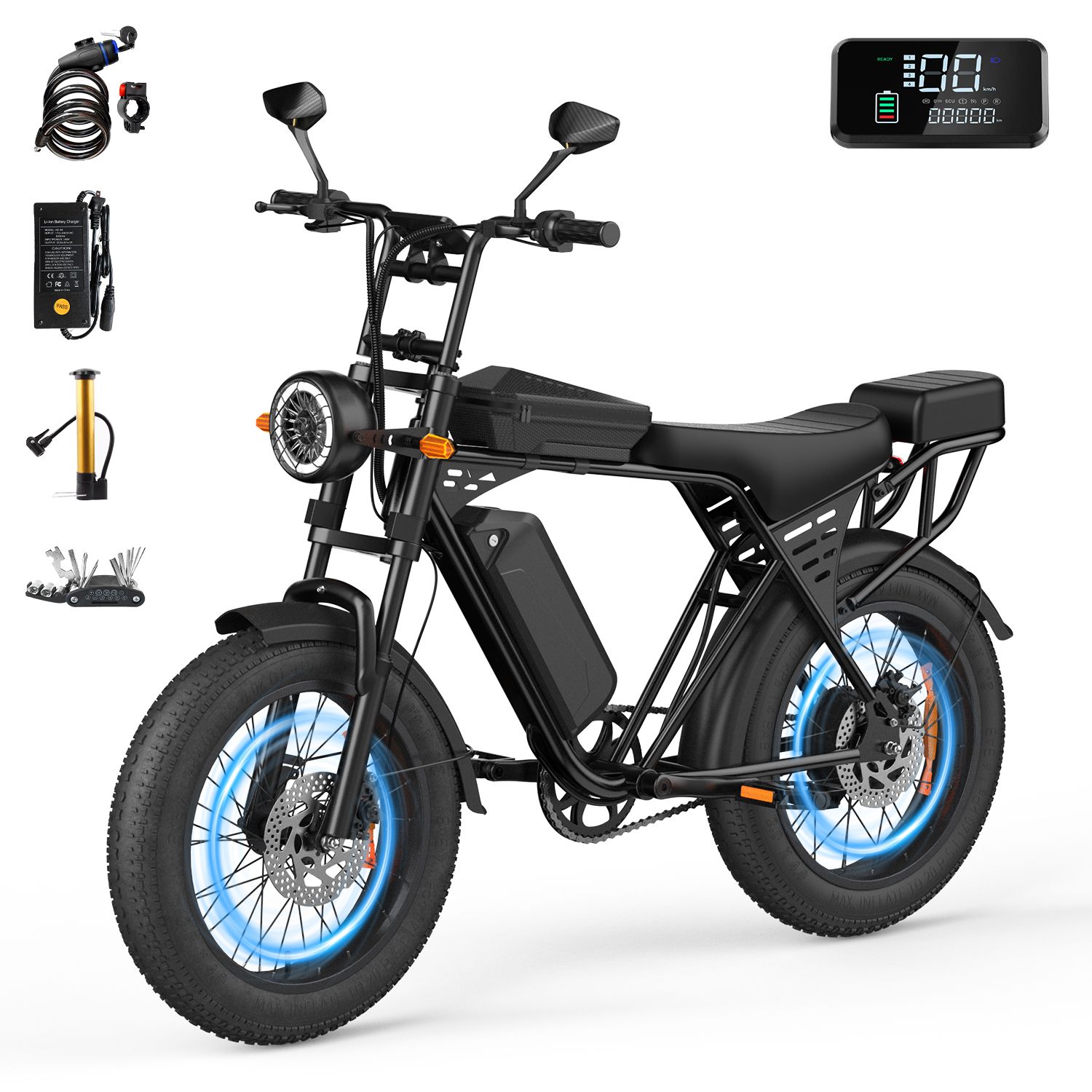 E-bike nero con pneumatici larghi, faro, portapacchi e accessori. Display digitale con informazioni sulla batteria.